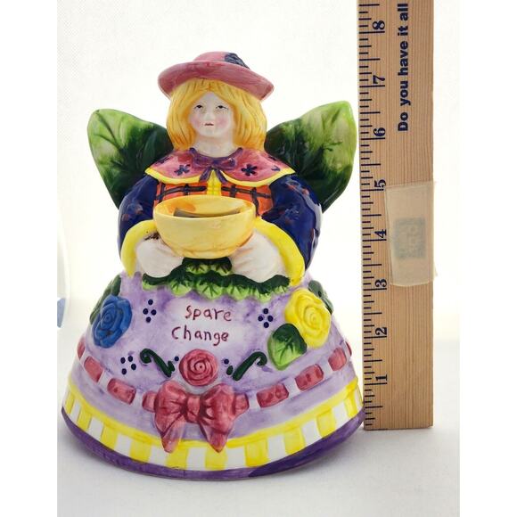 BANK-GARDEN ANGEL-"SPARE CHANGE"-Floral/Leaves-Bottom Stopper-Unique-Shelf Decor - Picture 10 of 11